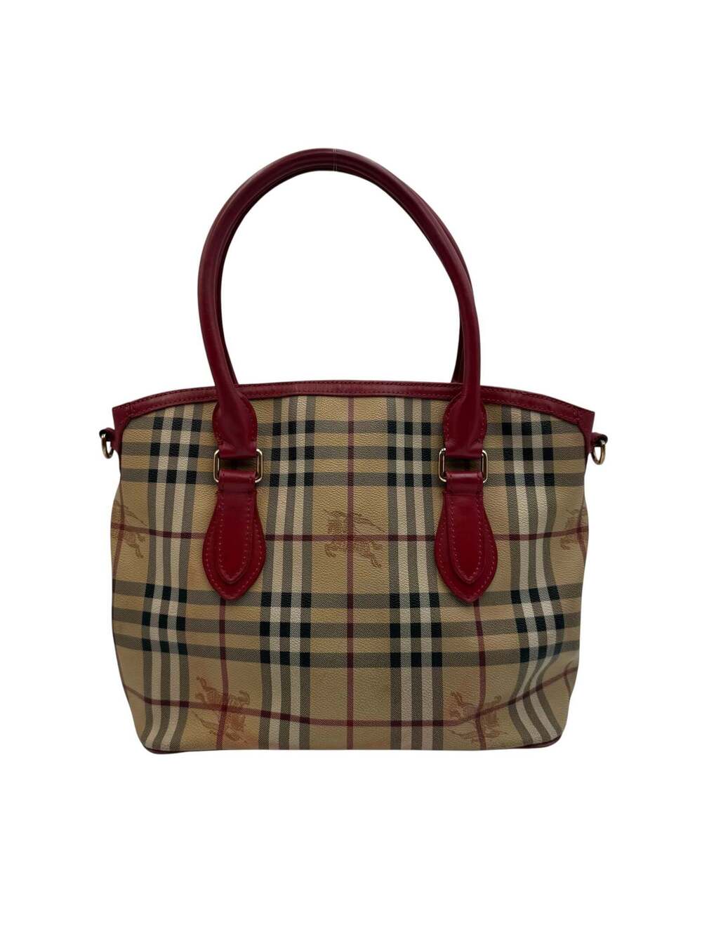 BURBERRY HAYMARKET CHECK RED LEATHER TRIM TOTE SHOULDER BAG